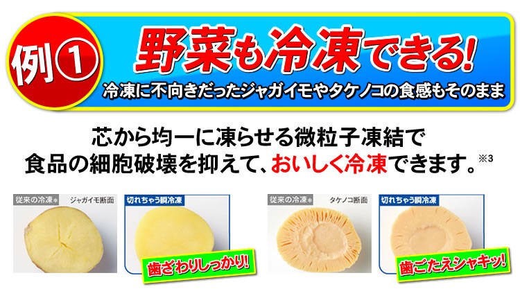 芯から均一に凍らせる微粒子凍結で野菜も冷凍ができる