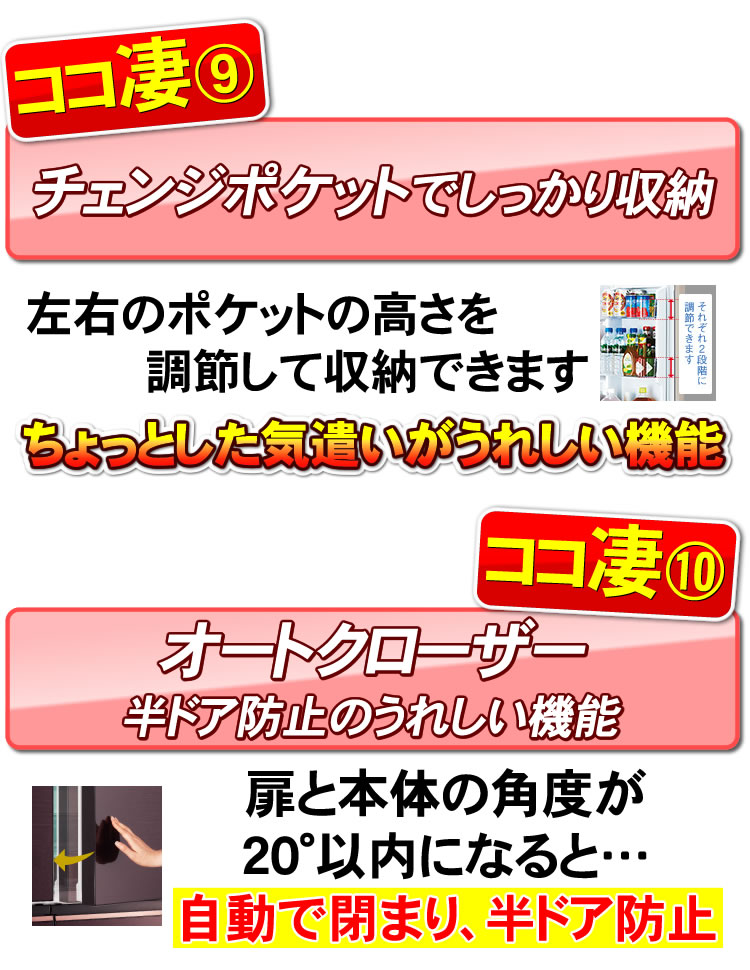左右のポケットの高さを調整できるチェンジポケット、半ドア防止のオートクローザー搭載